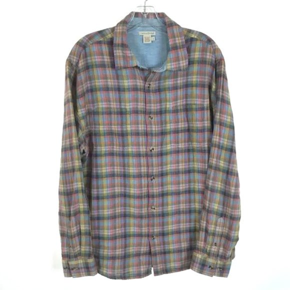 Mens Size Large Carbon2Cobalt Multicolor Cotton Linen Button Front Shirt - Picture 1 of 4